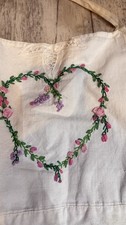 Vintage Hand Embroidered White Full Apron Hearts, Bows And Flowers Pockets