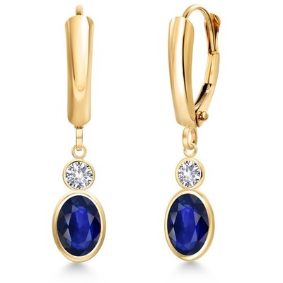 14K Yellow Gold Sapphire and White Created Sapphire Dangle Earrings for Women |