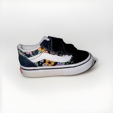 VANS Old Skool V Kids Low Top Suede Floral Hook Loop Straps, Black, Size 4.5 T