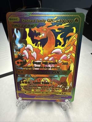 Charizard Family GX Rainbow Foil Fan Art Card Gmax Volt Crash