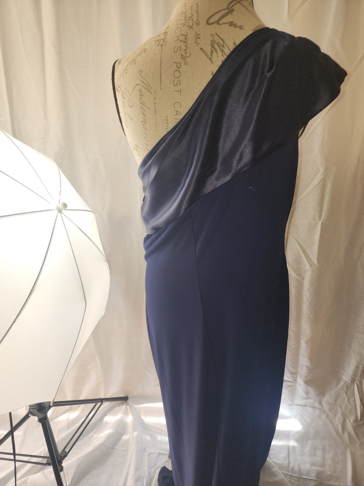 Lauren Ralph Lauren Navy One Shoulder Draped Stretch Maxi Gown Jersey Size 18 image 3