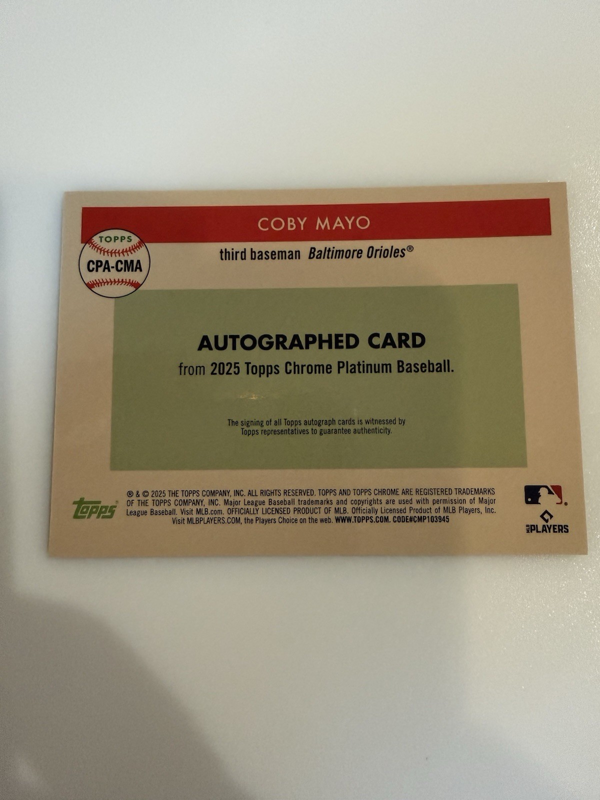 Topps 2025 Chrome Platinum Coby Mayo Orioles RC Auto Gold Refractor /50 view 6