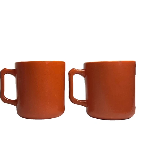 VTG Retro HAZEL ATLAS Coffee Mug 2 Set Milk Glass Burnt Orange Rust D-Handle MCM