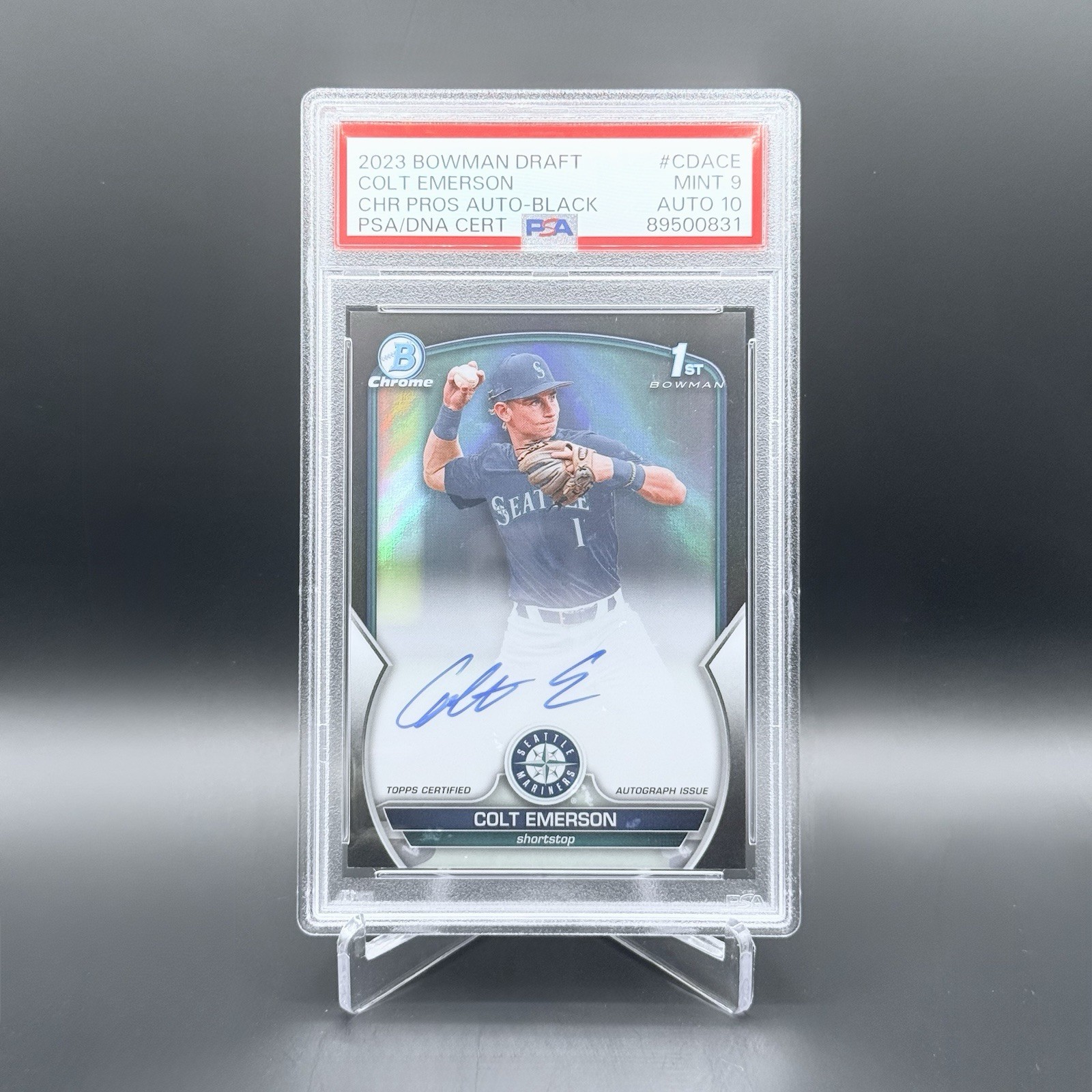 2023 1st Bowman Draft Chrome Colt Emerson Black Refractor /75 PSA 9 Auto 10