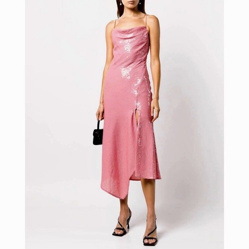 Alice + Olivia Harmony Midi Womens Size 2 Dress Pink Sequin Asymmetric Strappy - Picture 4 of 17