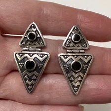 Vintage BOMA Sterling Silver Black Onyx Hinged Double Triangle Dangle Earrings
