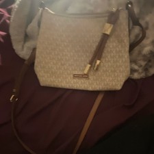 Michael Kors Beige Brown Logo Shoulder Bag Gold Hardware Adjustable Strap Zip