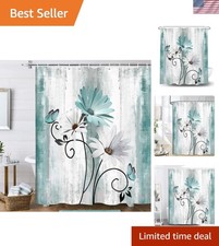 Rustic Farmhouse Shower Curtain, Farm Teal Daisy Floral Flowers and Butterfly...
