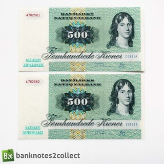 DENMARK: P#52d(3) 2 x 500 Danish Krone Banknotes with Consecutive Serial Numbers