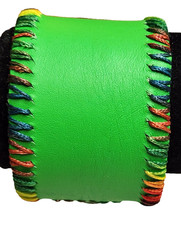 Handmade Genuine Leather Green Wide Cuff Bracelet Multicolor Thread Boho 7 5/8"