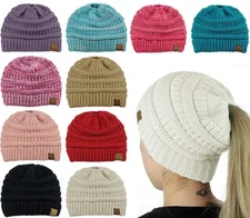 CC Adult Toddler Soft Stretch Cable Knit Messy High Bun Ponytail Beanie cc hat