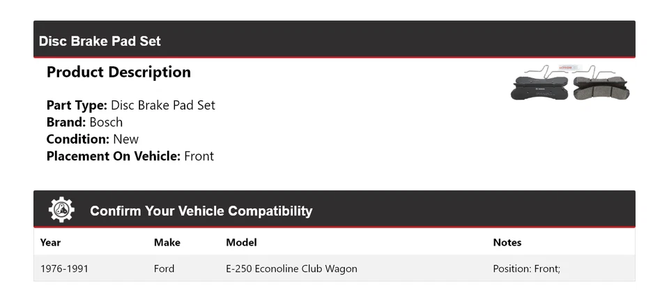Juego de pastillas de freno de disco delanteras Bosch para Ford E-250 Econoline Club Wagon 1976-1991 Foto 2 de 4