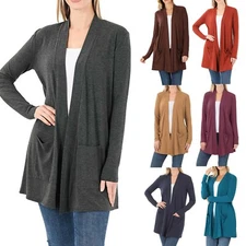 Womens Open Front Cardigan Long Sleeve With Pockets Loose Drape Light Weight