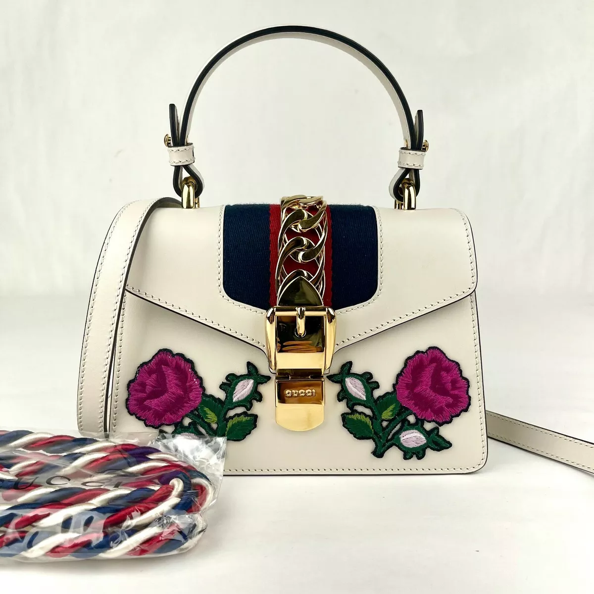 GUCCI Sylvie Mini Leather Top Handle Crossbody Bag White 470270