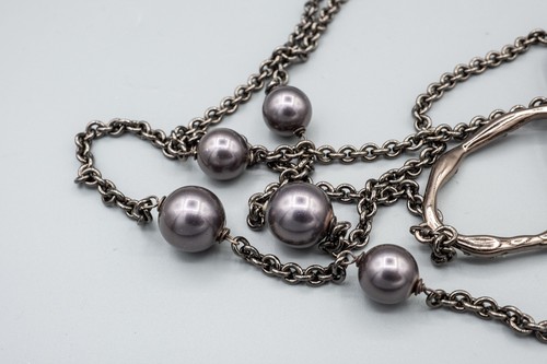 Alexis Bittar Rhinestone Link Chain Faux Pearl Necklace Black ~42" Long - Picture 6 of 7