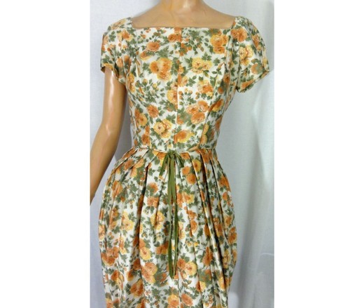 Vintage 1960s Dress Silk Bubble Skirt Gold and Green Floral Rose Print Deadstock - Picture 7 of 10