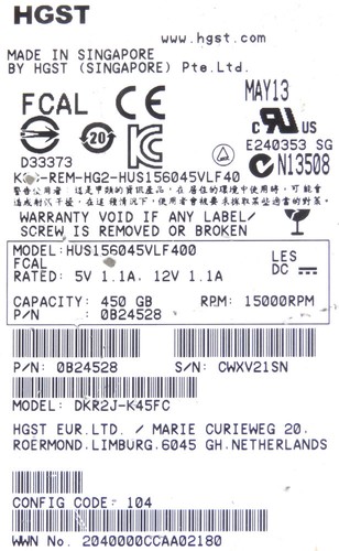 Hard Drive Hitachi R2J-K450FC 5529294-A 450GB 15000RPM HUS156045VLF400 - Picture 3 of 3