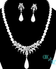 WHITE PEARL CRYSTAL SPRING BRIDAL PROM FORMAL FASHION NECKLACE JEWELRY SET 