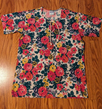 Vintage 90s Girls Mervyn's Color Circuit floral lace up top shirt NOS USA 14 L