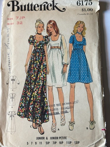 New Uncut FF Misses 1970s Size 7 Dresses Sewing Pattern, Butterick 6175