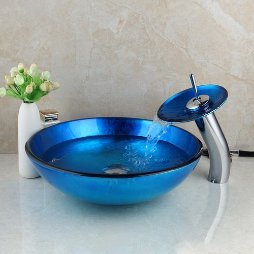 Fregadero de lavabo de baño de vidrio templado FA con drenaje emergente sin grifo - Imagen 10 de 14