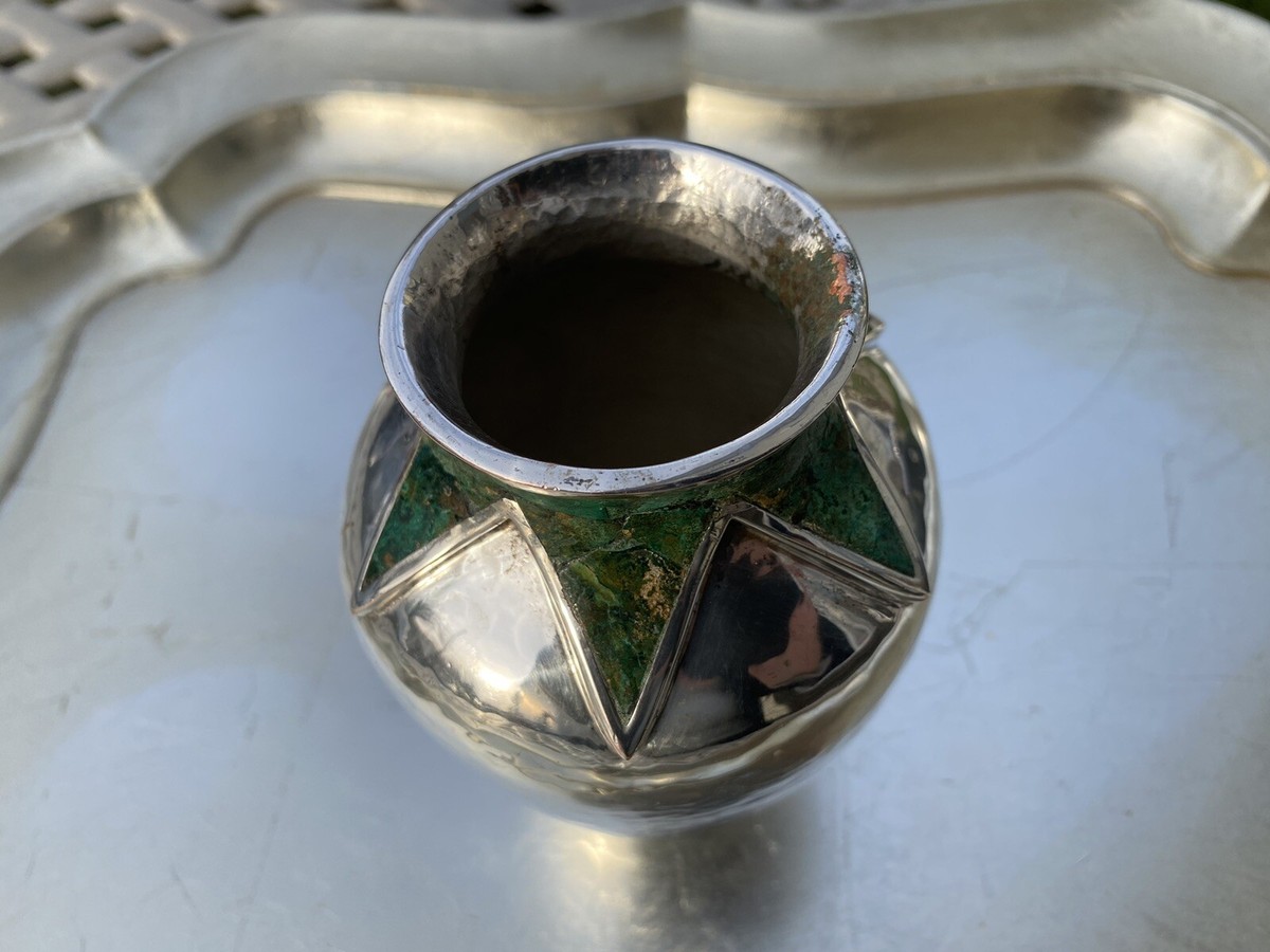 Emilia Castillo Mexico Malachite Inlaid Hammered Silver