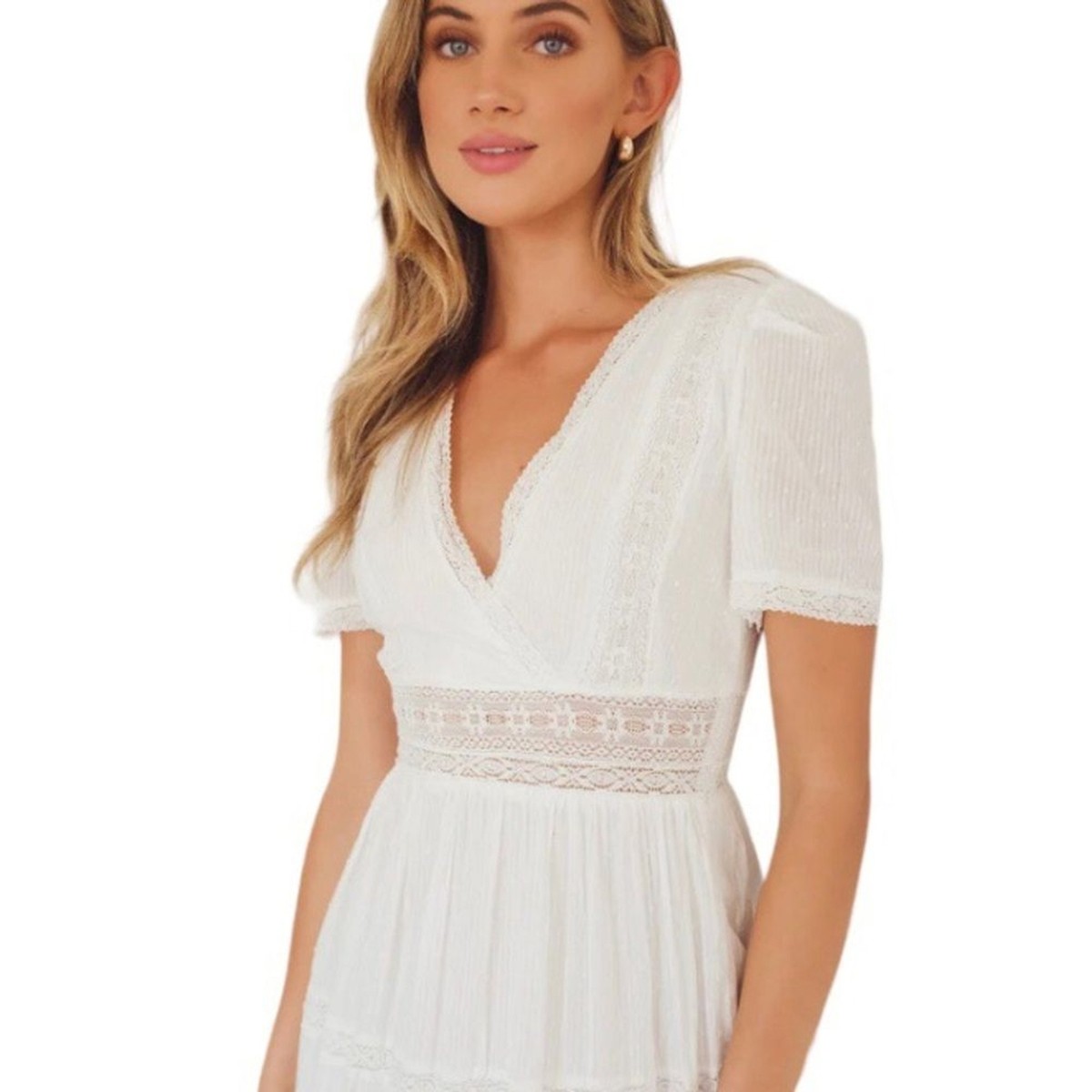 Lulu's Folklore White Swiss Dot Lace Short Sleeve Tiered Midi Dress NWT Lulu's Folklore White Swiss Dot Lace Short Sleeve Tiered Midi Dress NWT