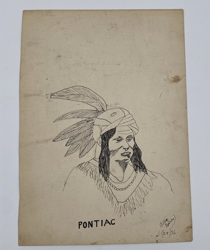 PONTIAC Indianer Feder & Tusche Zeichnung Odawa KUNST Portrait signiert 1936 - Bild 1 von 24