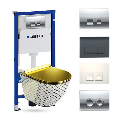 GEBERIT Duofix Vorwandelement + Wand WC Sofi Slim Checked Gold + Knopf Delta 25