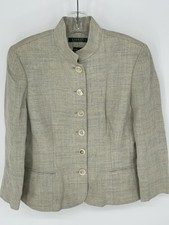 Lauren Ralph Lauren Herringbone 100 Linen Tweed Band Collar Jacket Blazer Sz 10