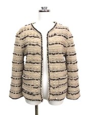 Chanel Jacket 38 Beige Knit Tweed No Collar Cashmere Blend 53cm Length