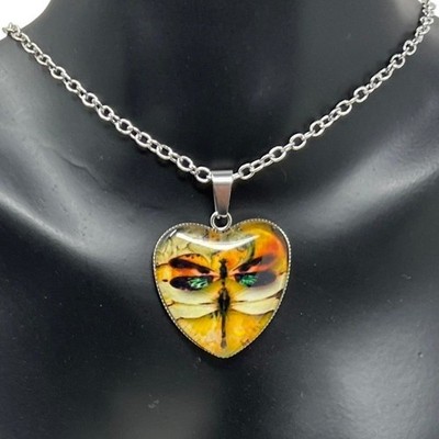 Dragonfly Necklace Heart Shaped Pendant Silver Tone Chain