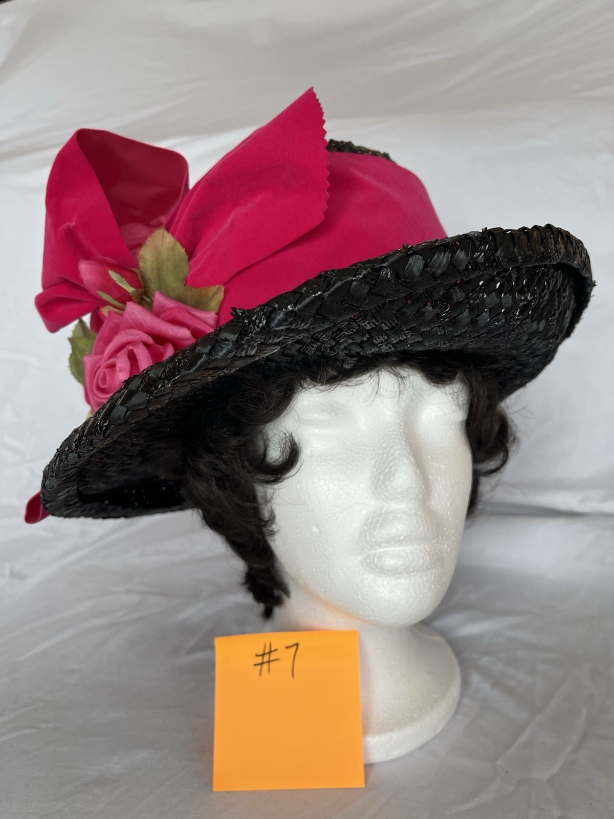 Tall Black Brimmed Straw Hat W/ Bright Pink Ribbon and Rose 