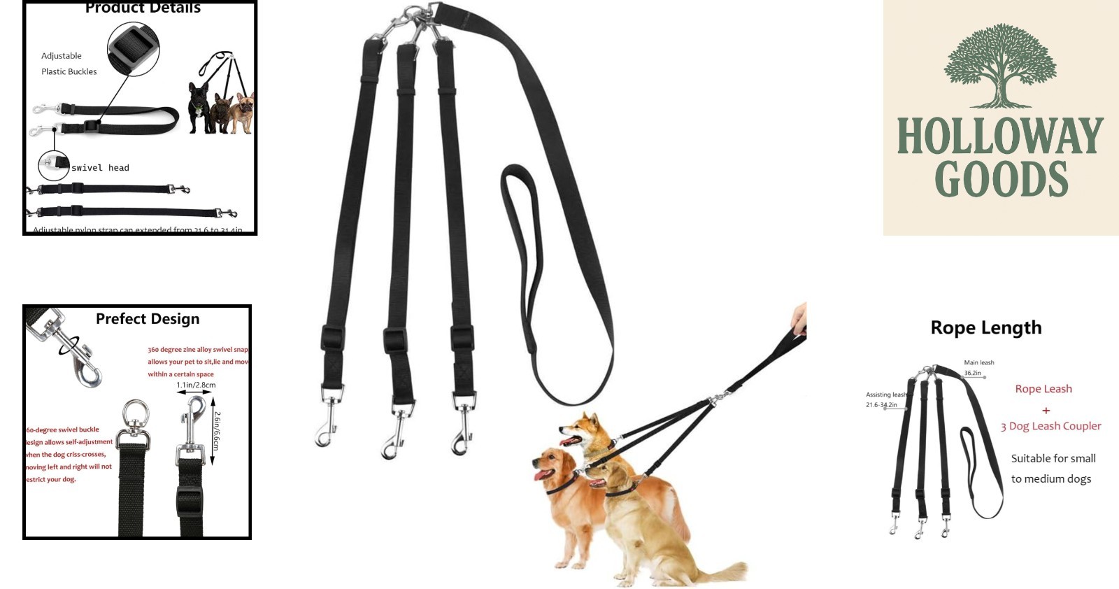 3-Way Adjustable Dog Leash - Comfortable No Tangle Coupler for Dog Walks