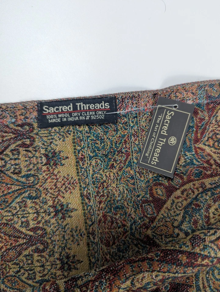 Sacred Threads 100% Wool Woven Paisley Multicolor Scarf Wrap Made in India 66" - Image 4 of 4