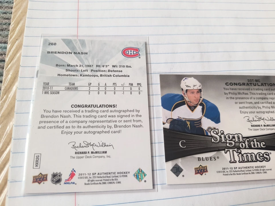 2011-12 sp authentic hockey 2 autograph card lot - Image 2 of 4