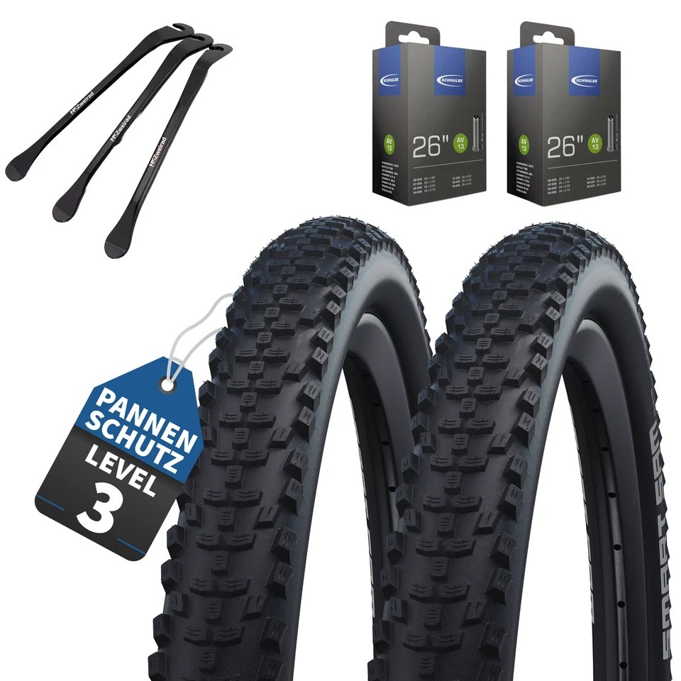 MSZWEIRAD 2er Set Schwalbe Fahrradreifen Smart Sam 26x2.00 (50-559) Schläuch + Reifenheber