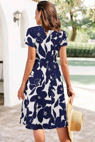 Ouges Sommer Kurzarm V-Ausschnitt Blumen kurz Party Kleid mit Taschen - Gr. S - Bild 2 von 6