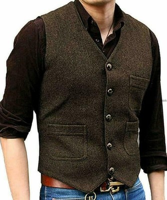 Retro Men's Vintage Tweed Waistcoats V-Neck Herringbone Wool Vests Slim Jackets