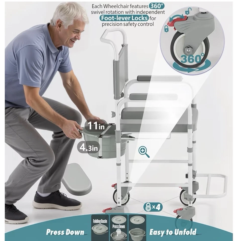 Bedside Commode with Wheels, Shower Wheelchair with 300 LBS Weight Capacity - Image 4 of 4