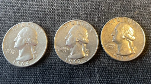3-Coins 25c SILVER Washington Quarters 1-1962,1-1964d, 1-1964 90%silver xf
