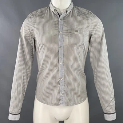 BURBERRY PRORSUM TAILLE S Blanc Gris Coton Rayé Un Poche Chemise Manches Longues - Photo 1/4