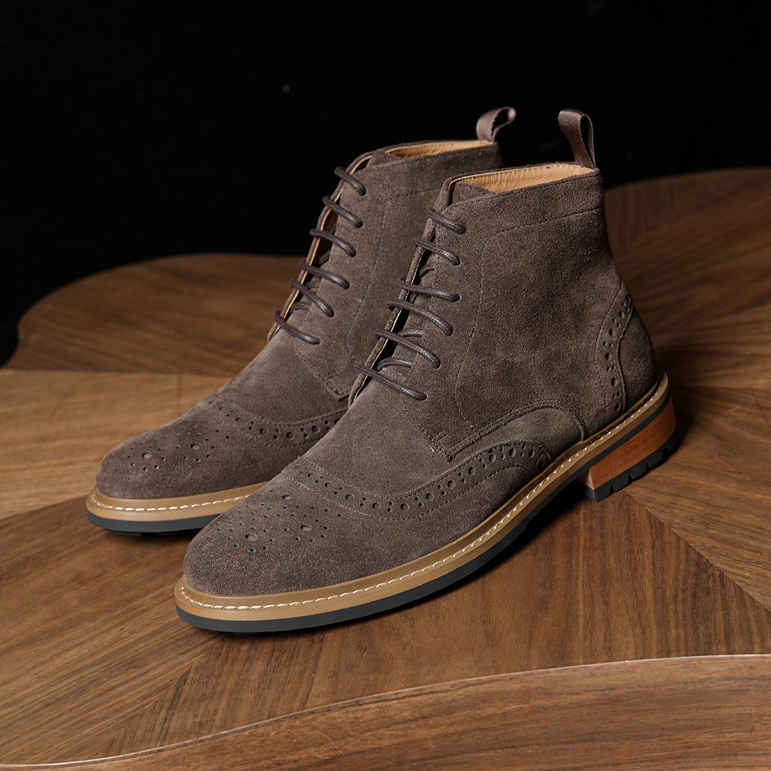 Mens Suede Leather Brogue Boots Brown Workwear New Leather  display picture 1