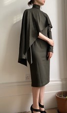 Halston jersey body-con asymmetric Cape Sleeve Midi Dress US2 UK6/8 kaki brown