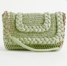 Borsa a mano H&M boho tessuto paglia rattan tracolla morbida verde oro catena tracolla usata in ottime condizioni