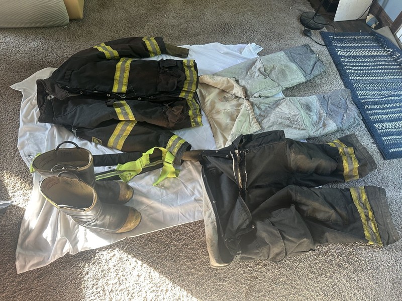 Fireman turnout jacket, pants, boots and suspenders