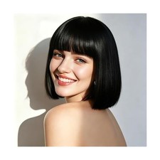 Short Straight Black Bob Wig with Bangs Heat-Resistant Synthetic Fiber Rose Net