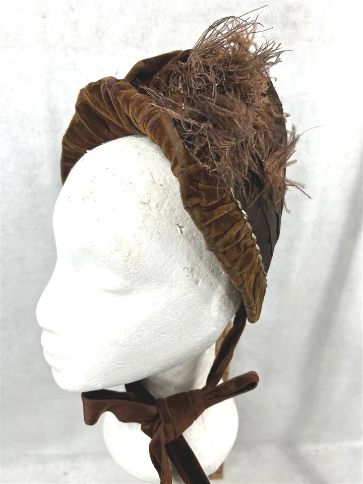 antique 1860 woman's brown velvet beaded feather bonnet hat Civil War Era - Image 2 of 4