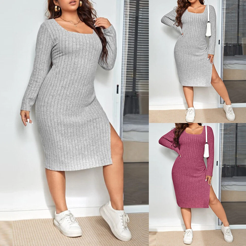 Plus Size 20 28 Womens Ribbed Midi Jumper Dress Ladies Long Sleeve