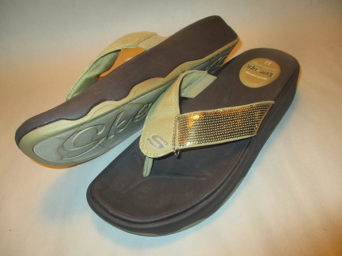 Skechers Tone Ups Womens 11 Gold Sequin 1 2 Strap Tan Rocker Sole Flip Flops
